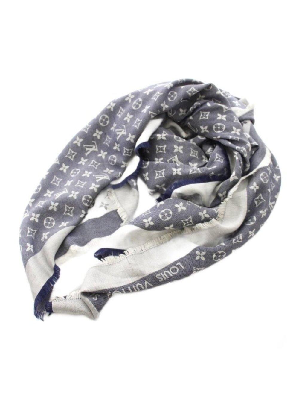 Louis Vuitton Monogram Shawl Silk Wool Navy Scarf